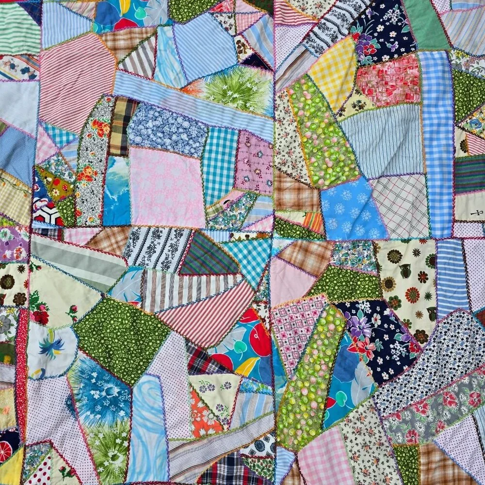 Vintage Crazy Quilt Top 1940s 50s Feedsack Patchwork Hand Embroidery 66x85